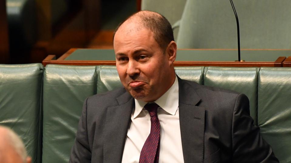 Treasurer Josh Frydenberg reacts during Question Time in the House of Representatives at Parliament House on June 16, 2020 in Canberra, Australia.