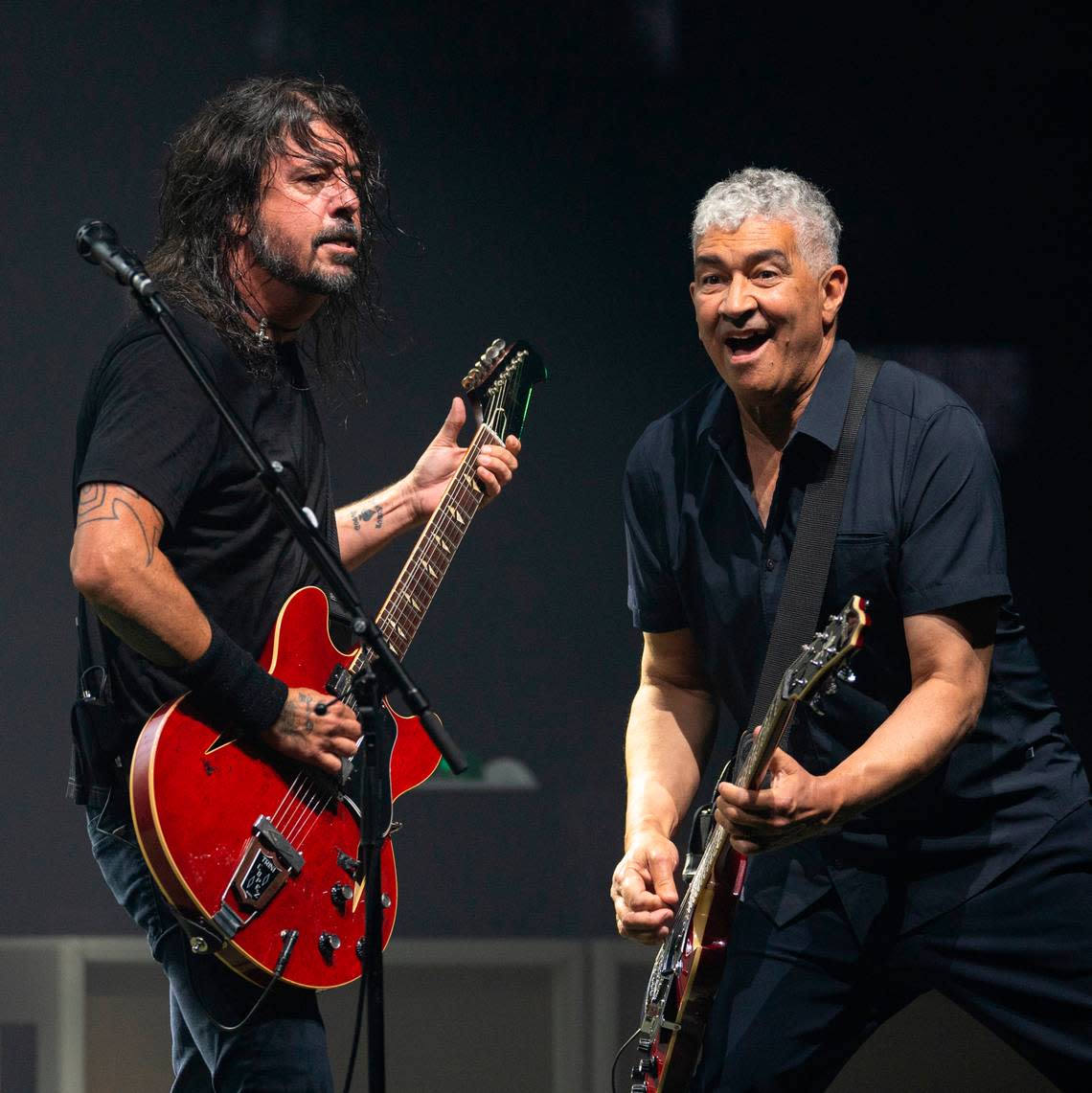 Dave Grohl and Pat Smear jam as Foo FightersRaleigh, N.C.’s Coastal Credit Union Music Park at Walnut Creek, Tuesday night, May 7, 2024. Scott Sharpe/ssharpe@newsobserver.com