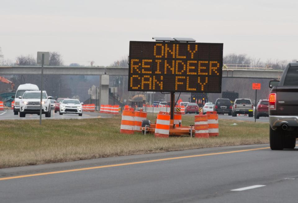 Drivers pass an electronic DelDOT sign, with a reference to reindeer, along Delaware Route 1 in Frederica in this file photo.