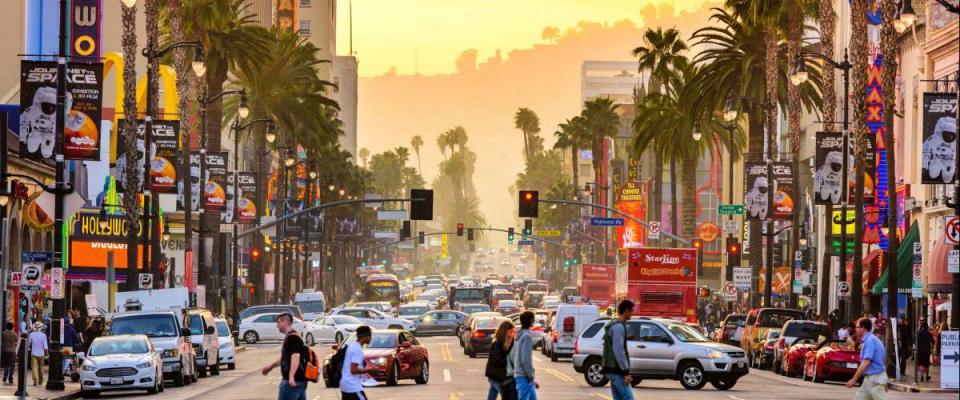 Los Angeles street scene with palm trees, traffic and Hollywood movie signs