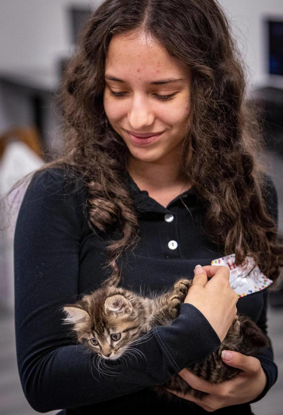 Roxana Rosabal, estudiante de 11.° grado de Hialeah Gardens High School, sostiene un gatito durante un evento en la Escuela Secundaria Hialeah Gardens para promover la salud mental. Hialeah Gardens, Florida - 30 de mayo de 2023 -