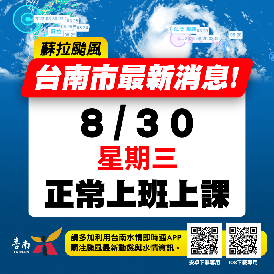 蘇拉颱風風雨未達放假標準，市府宣布30日正常上班上課。（市府提供）