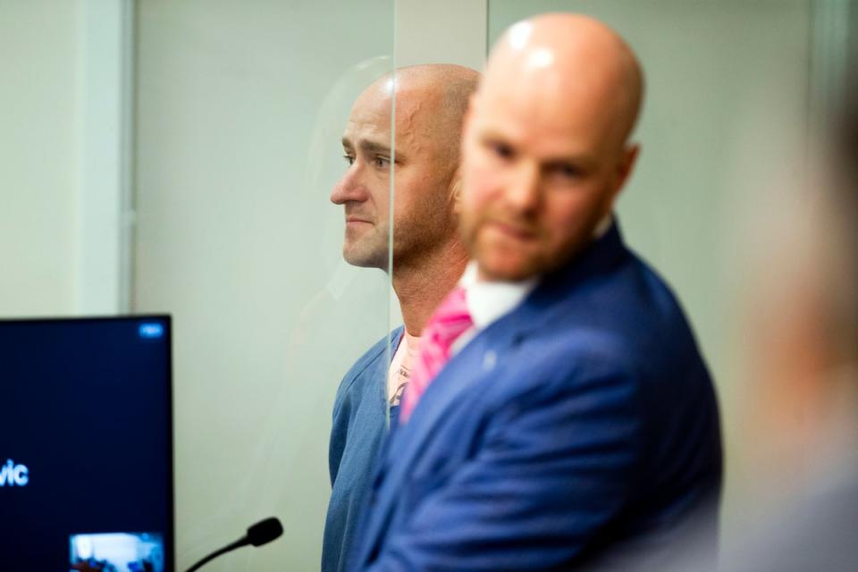 Joseph David Emerson, left, 44, was arraigned in Multnomah County Circuit Court on Tues., Oct. 24, 2023, in Portland, Oregon (AP)