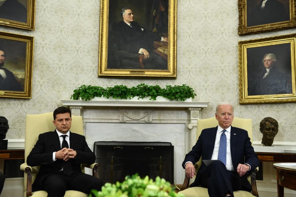 <div class="inline-image__caption"><p>Joe Biden meets with Volodymyr Zelensky in the Oval Office of the White House, on September 1, 2021, in Washington, DC.</p></div> <div class="inline-image__credit">BRENDAN SMIALOWSKI/AFP via Getty</div>