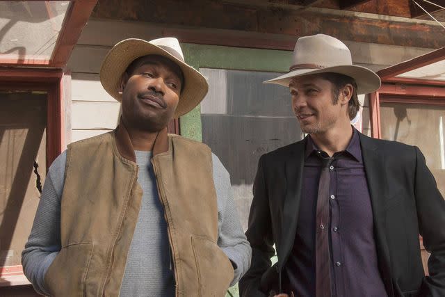 <p>Fx Network/Kobal/Shutterstock</p> Mykelti Williamson and Timothy Olyphant in 'Justified'.