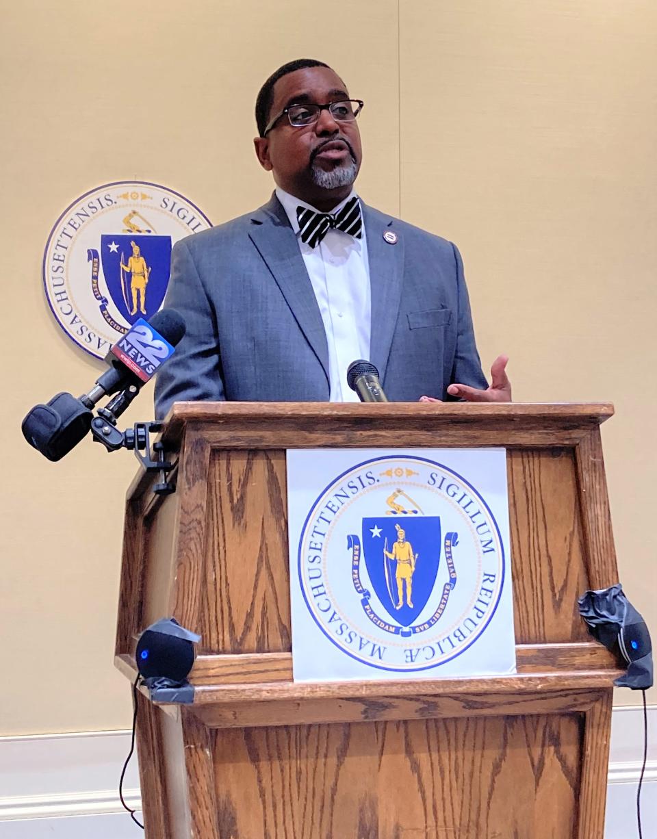 Rahsaan Hall, of the Urban League of Eastern Massachusetts, described the disruption into people's lives that has been caused by police reliance on facial recognition technology during intestigations, speaking Thursday, Oct. 12 at a legislative briefing detailing a bill that would put guardrails on its application