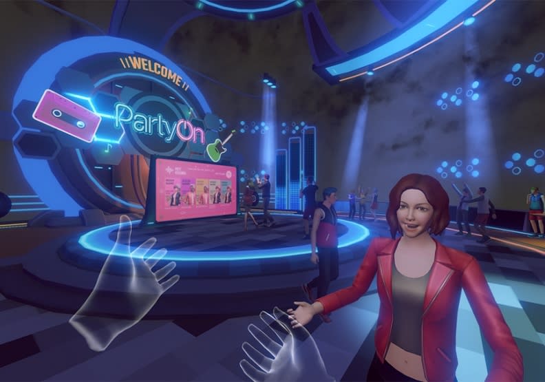 沉浸式平台XRSPACE中虛擬KTV派對《Party On》，體驗5G結合VR的新形態娛樂，在家就能與好友線上同歡唱。文策院提供