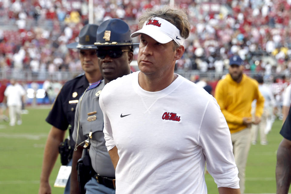 Sep 23, 2023; Tuscaloosa, Alabama, USA; Mississippi Rebels head coach Lane Kiffin walks off the field after a 24-10 loss to the Alabama Crimson Tide at Bryant-Denny Stadium. Mandatory Credit: Butch Dill-USA TODAY Sports