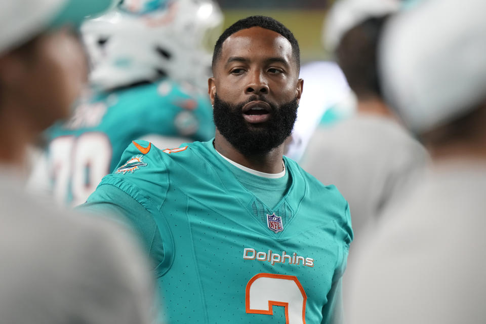 Miami Dolphins wide receiver Odell Beckham Jr. walks the sideline during the second half of a pre season NFL football game against the Atlanta Falcons, Friday, Aug. 9, 2024, in Miami Gardens, Fla. (AP Photo/Wilfredo Lee)