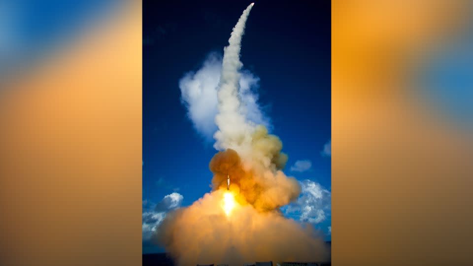 Two modified Standard Missile 2 (SM-2) Block IV interceptors are launched from the guided-missile cruiser USS Lake Erie  during a Missile Defense Agency test to intercept a short-range ballistic missile target June 5, 2008, in the Pacific Ocean west of Kauai, Hawaii. - U.S. Navy/Getty Images/File