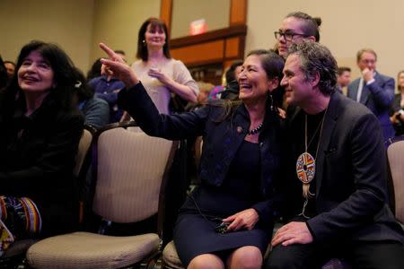 U.S. Representative Deb Haaland (D-NM) (C) is joined by actor Mark Ruffalo (R) at a reception hosted by the Congressional Native American Caucus after being sworn in as one of the first two first Native American women in the U.S. House of Representatives in Washington, U.S., January 3, 2019. REUTERS/Brian Snyder