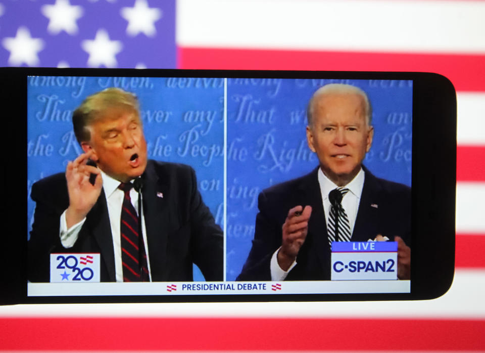 US President Donald Trump and Democratic presidential candidate and former US Vice President Joe Biden are seen during the first presidential debate. (Photo Illustration by Pavlo Conchar/SOPA Images/LightRocket via Getty Images)