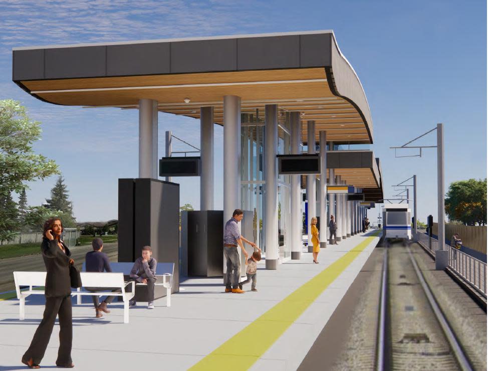 A rendering of the future Twin Brooks LRT station along the Capital Line South extension. (City of Edmonton - image credit)