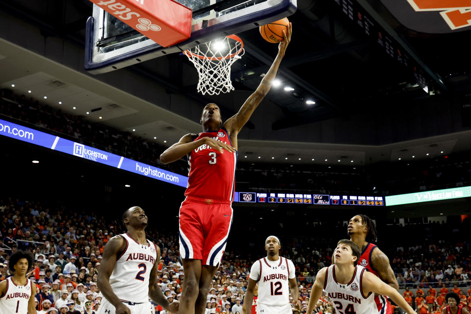 Mississippi forward Jamarion Sharp (3) lays in a basket during the first half of the team's NCAA college basketball game against Auburn on Saturday, Jan. 20, 2024, in Auburn, Ala. (AP Photo/Butch Dill)