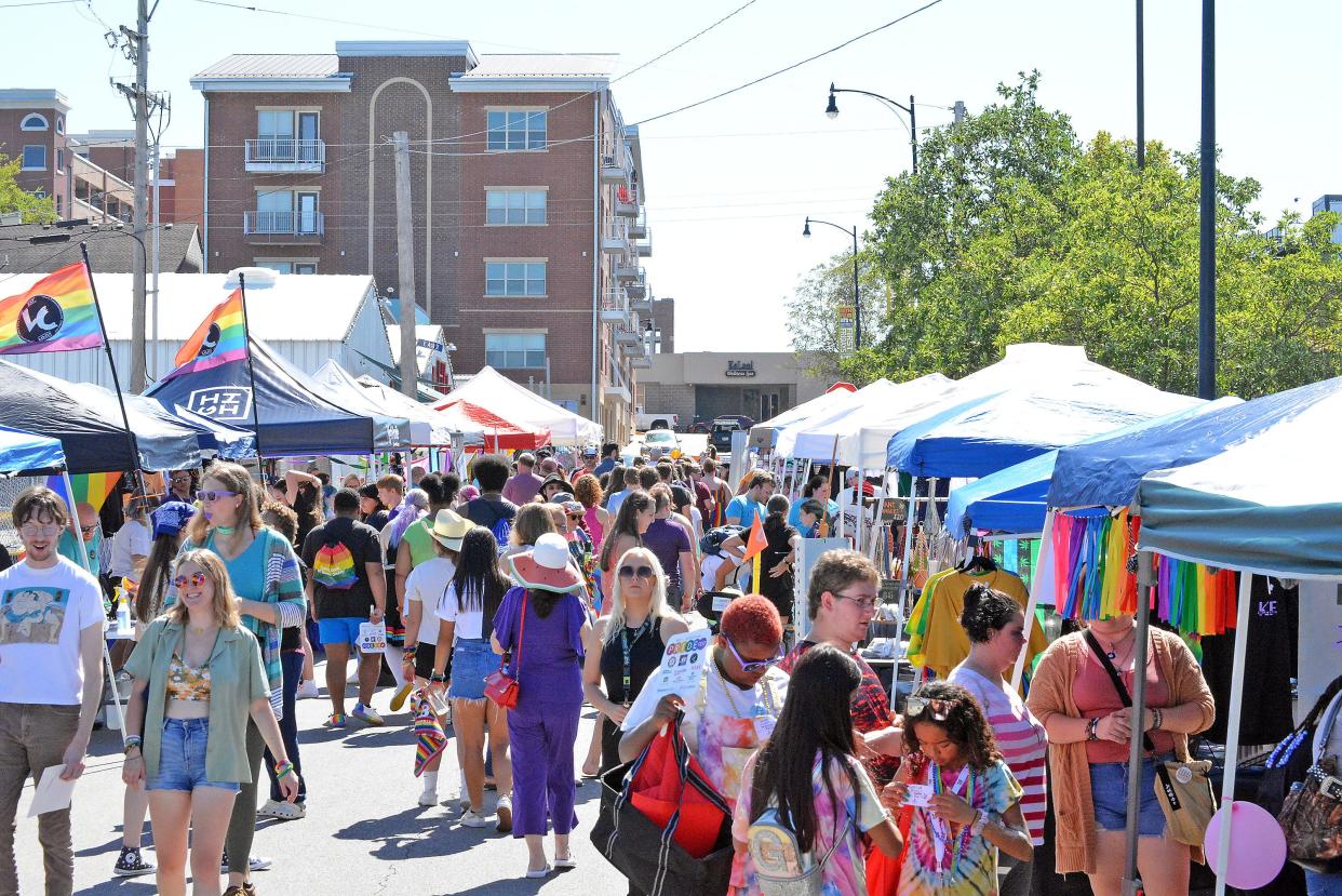 A view up Orr Street toward Walnut Street Sept. 24, 2022 of the myriad vendors set up at Mid-MO PrideFest.
