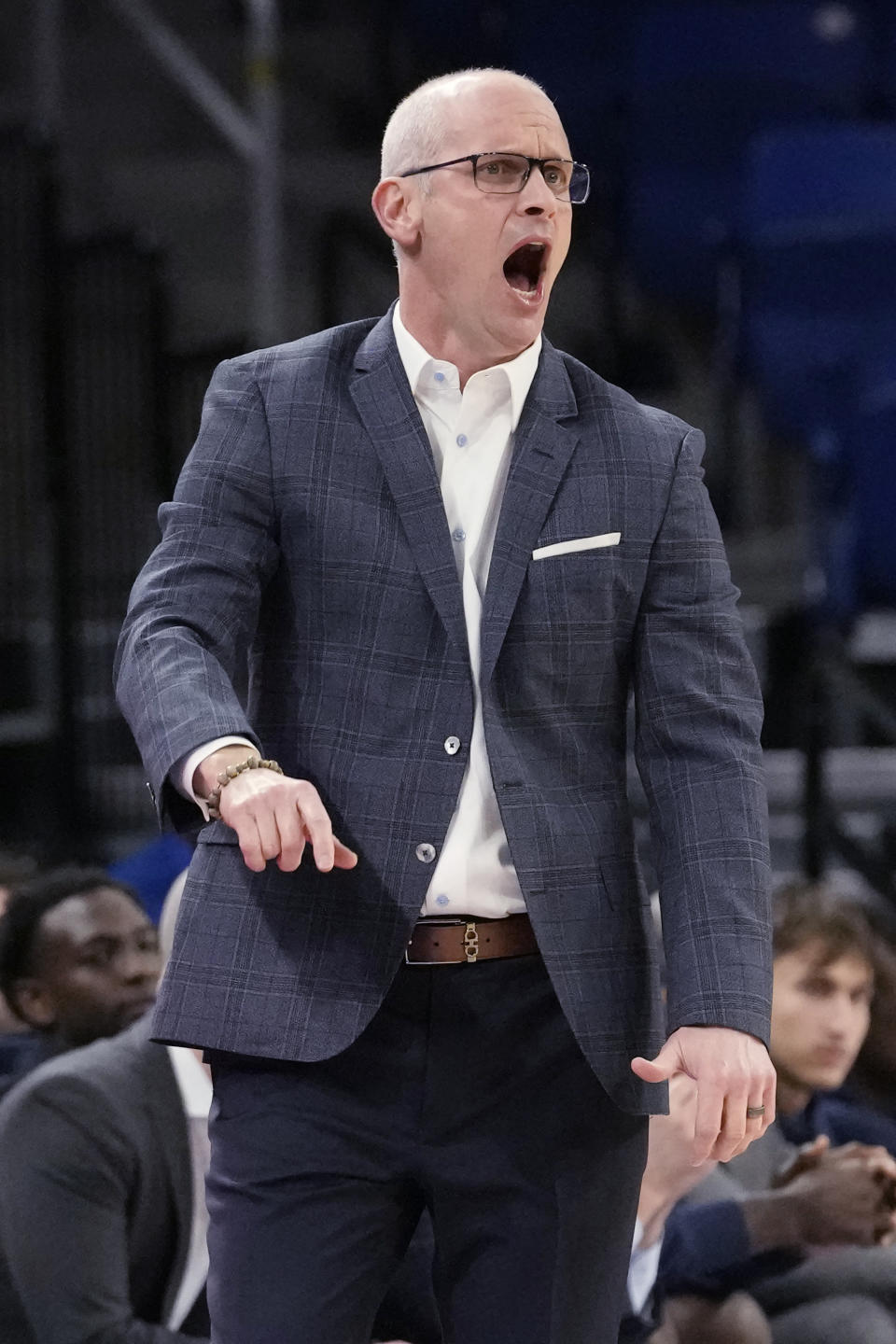 UConn head coach Dan Hurley calls his team during the first half of an NCAA college basketball game against DePaul in Chicago, Wednesday, Feb. 14, 2024. (AP Photo/Nam Y. Huh)