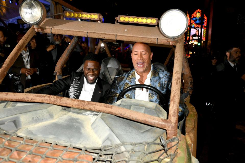 Kevin Hart and Dwayne Johnson attends the premiere of Sony Pictures' "Jumanji: The Next Level" at TCL Chinese Theatre on Dec. 9, 2019, in Hollywood, California.