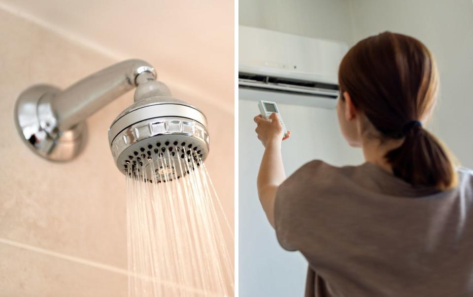 Right: Bathroom shower head with running water. Left: Woman turning on air conditioner with remote