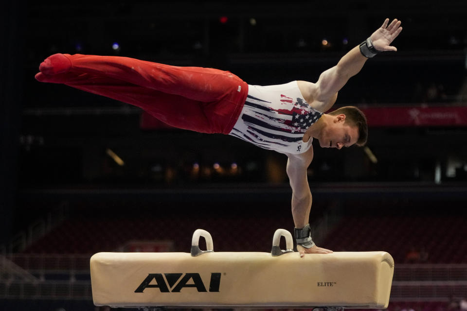 Brody Malone competes on the pommel horse during the men's U.S. Olympic Gymnastics Trials Saturday, June 26, 2021, in St. Louis. (AP Photo/Jeff Roberson)