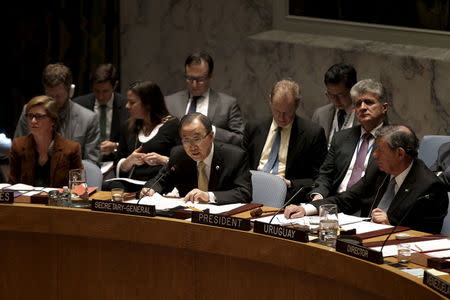 United Nations Secretary General Ban Ki-moon addresses a United Nations Security Council meeting on the Middle East at U.N. headquarters in New York, January 26, 2016. REUTERS/Mike Segar