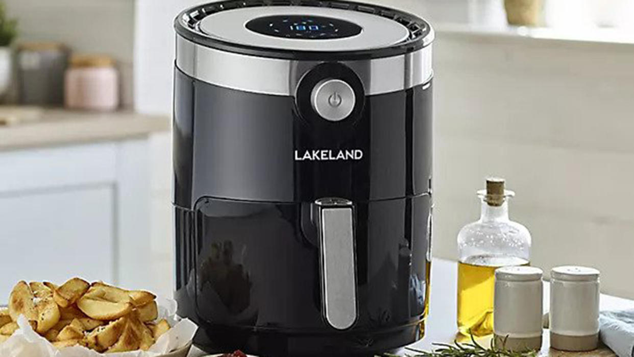  Lakeland Digital Crisp Air Fryer in kitchen with olive oil and potato wedges 