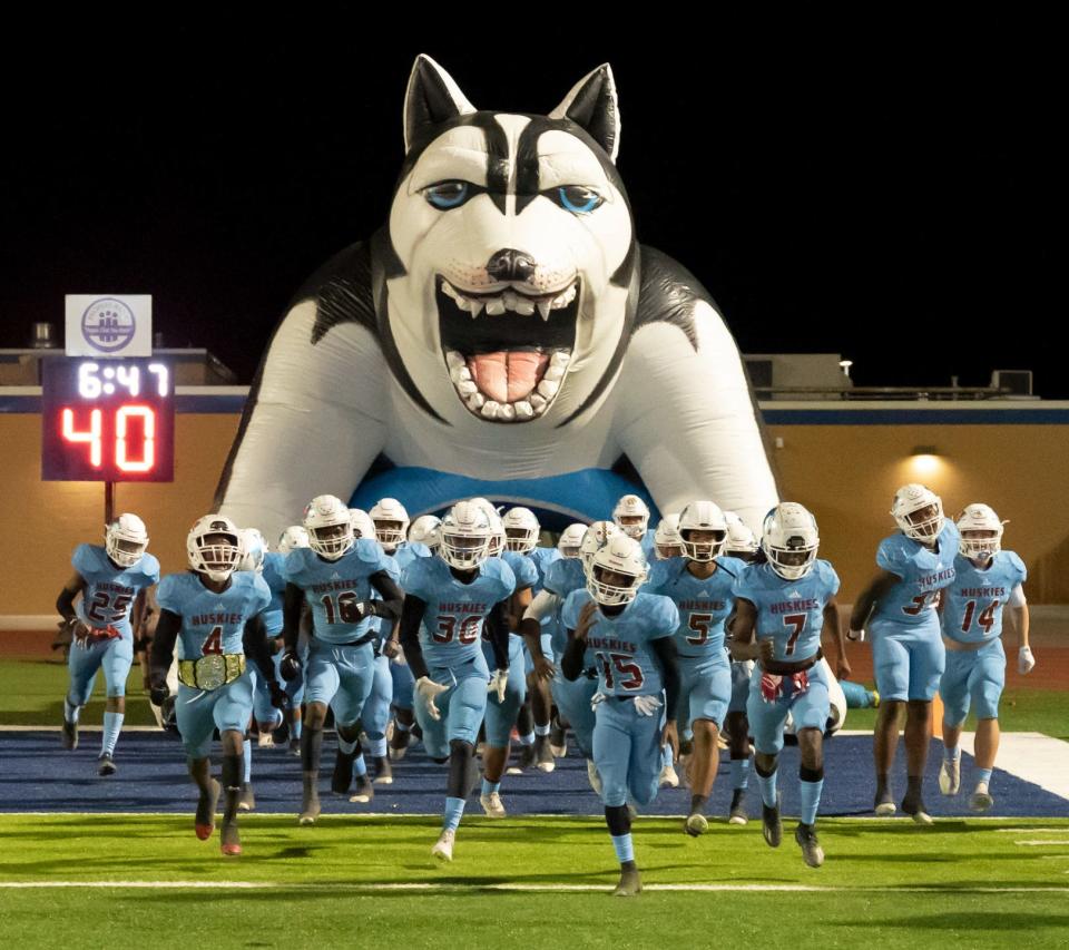 The Hirschi Huskies take the field against Pampa on Friday, Nov. 12, 2021, at Peoples Bank Stadium in Wolfforth.