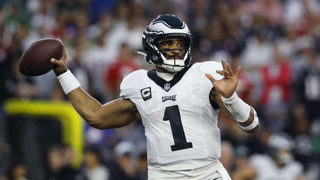 Philadelphia Eagles quarterback Jalen Hurts plays against the New England Patriots during the second half of an NFL football game, Sunday, Sept. 10, 2023, in Foxborough, Mass. (AP Photo/Michael Dwyer)