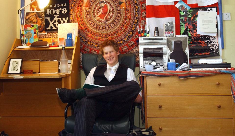 <p>Following his time at Ludgrove School, Prince Harry was admitted to Eton College, an iconic independent boarding school for students aged 13 to 18 in Berkshire, England. Here, Harry poses in his dorm room. </p>