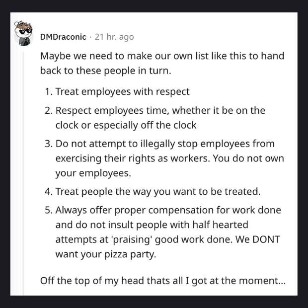 hr rep's suggestion list asking employees to do extra work