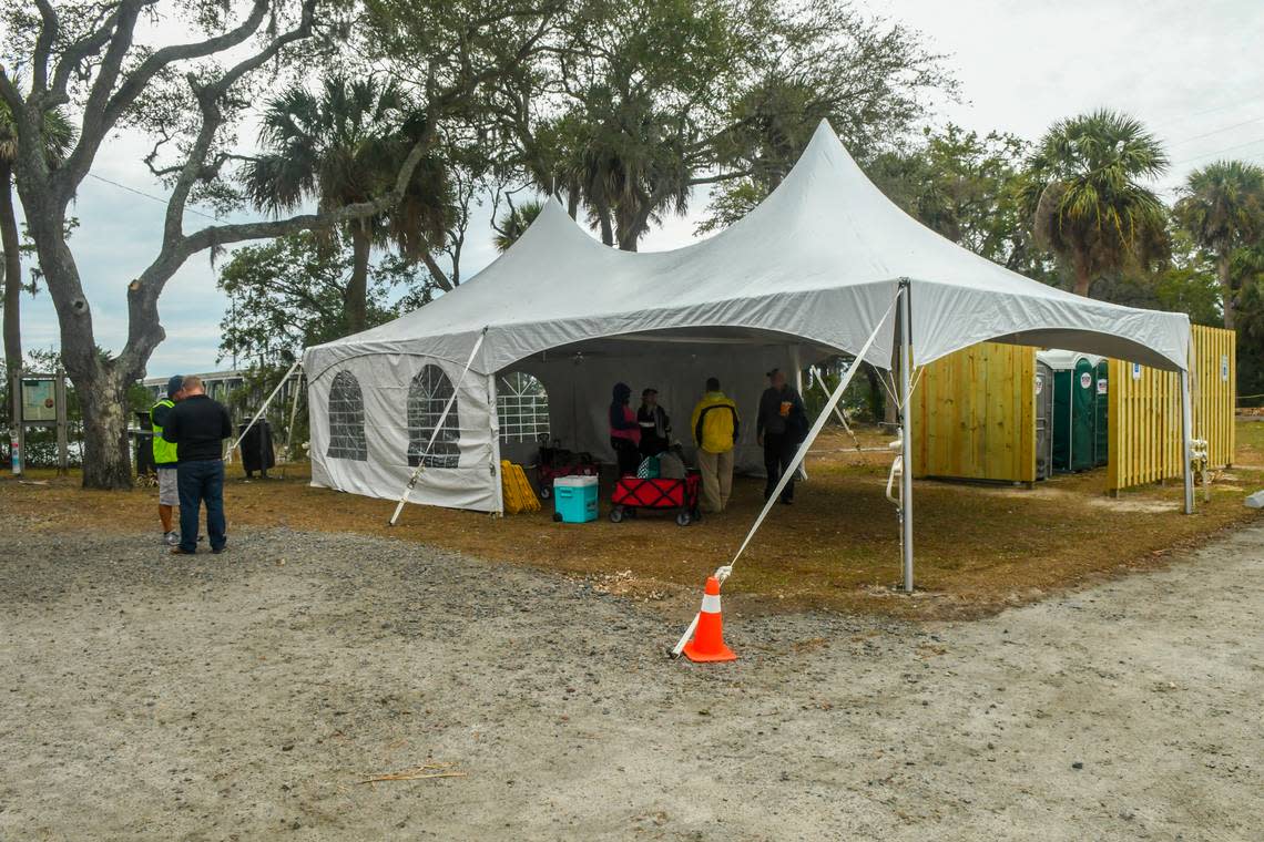 A tent with restrooms offers respite from the weather at C.C. Haigh Jr. Boat Landing for those riding the ferry to Daufuskie Island as photographed on Jan. 16, 2024, on Pinckney Island. A chain now blocks access to a portion of the public dock for the catamaran “Ohana,” operated by Outside Hilton Head to ferry customers hired by Beaufort County.