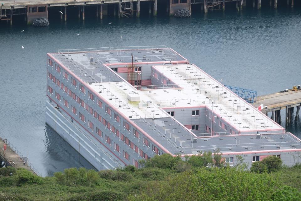 A view of the ‘Bibby Stockholm’ accommodation barge at Portland Port in Dorset (PA)