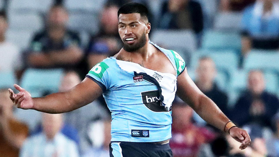NSW forward Payne Haas with a ripped shirt during State of Origin.