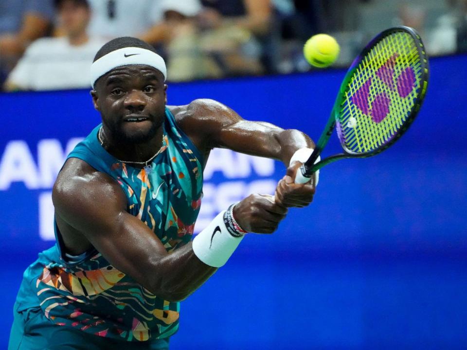 PHOTO: Frances Tiafoe hits to Ben Shelton during their quarterfinal match at the U.S. Open in New York City, Sept. 5, 2023. (Robert Deutsch/USA TODAY Sports via Reuters)