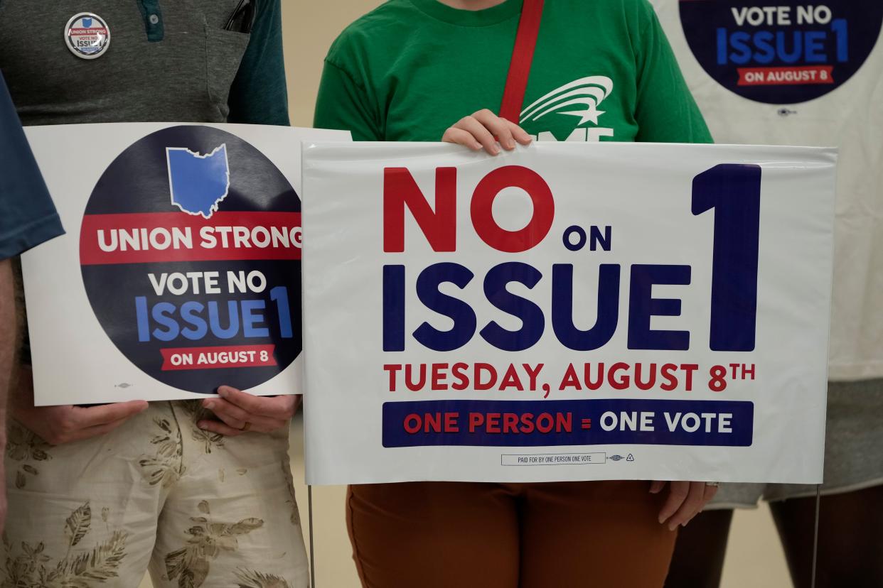 Opponents of Issue 1 gather at the International Brotherhood of Electrical Workers 683 union hall to write postcards and pick up shirts and yard signs before knocking doors on July 8.