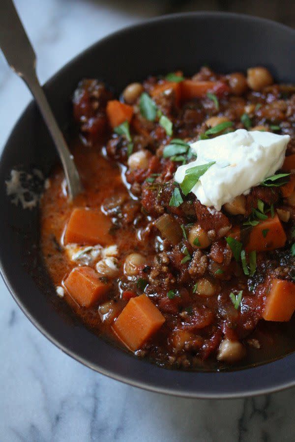 Moroccan Lamb Chili with Sweet Potatoes, Chickpeas and Kale
