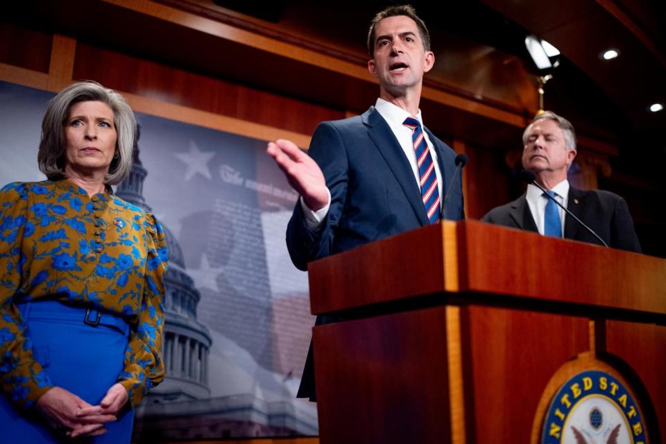 PHOTO: Sen. Tom Cotton accompanied by Sen. Joni Ernst and Sen. Roger Marshall, speaks during a news conference on Capitol Hill, May 1, 2024. (Andrew Harnik/Getty Images)