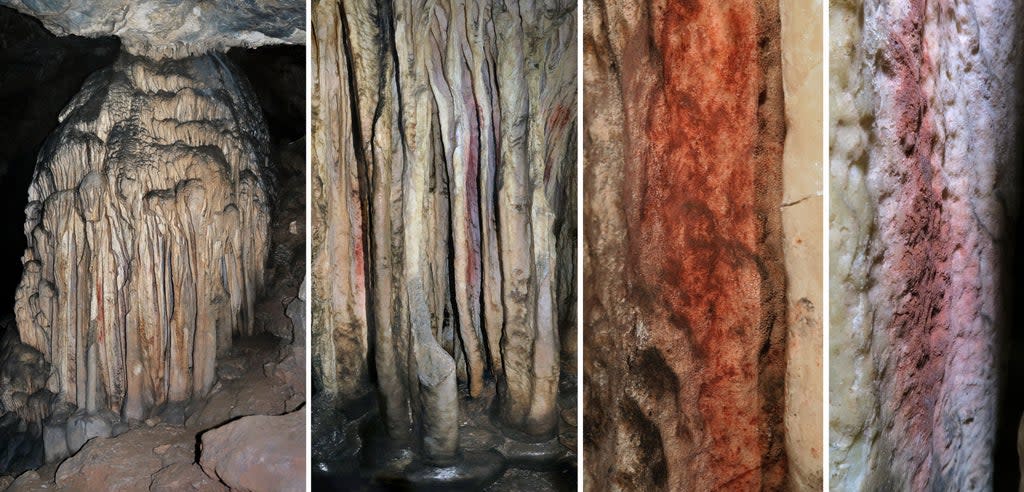A general view and close-up of a partly coloured stalagmite tower in the Spanish cave of Ardales, southern Spain (ICREA/AFP via Getty Images)