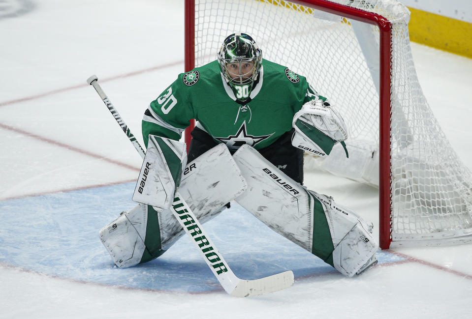 FILE - Dallas Stars goaltender Ben Bishop (30) defends the net during the first period of an NHL hockey game against the St. Louis Blues in Dallas, in this Friday, Nov. 29, 2019, file photo. Stars goaltender Ben Bishop has waived his no-movement clause to be exposed in the Seattle expansion draft next week after approaching his team with the idea. The move, which the team confirmed Thursday, July 15, 2021, allows Dallas to protect veteran goalie Anton Khudobin from the Kraken. (AP Photo/Brandon Wade, File)