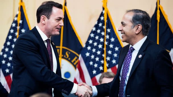 PHOTO: Chairman Rep. Mike Gallagher and ranking member Rep. Raja Krishnamoorthi during the Select Committee on the Strategic Competition Between the United States and the Chinese Communist Party, Feb. 28, 2023. (Tom Williams/CQ-Roll Call via Getty Images)