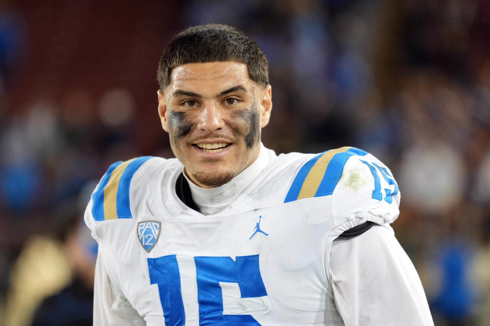 Oct 21, 2023; Stanford, California, USA; UCLA Bruins defensive lineman Laiatu Latu (15) after defeating the Stanford Cardinal at Stanford Stadium. Mandatory Credit: Darren Yamashita-USA TODAY Sports