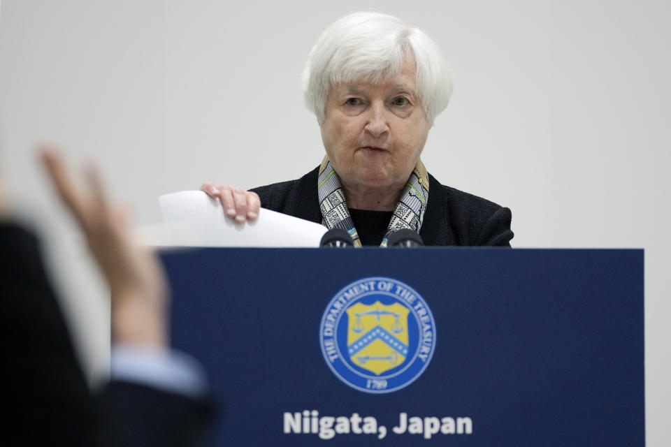 FILE - U.S. Treasury Secretary Janet Yellen takes questions from journalists during a press conference, at the G-7 meeting of Finance Ministers and Central Bank Governors, at Toki Messe in Niigata, Japan, May 11, 2023. Leaders of the Group of Seven advanced economies are generally united in voicing concern about China. The question is how to translate that worry into action. (AP Photo/Shuji Kajiyama, Pool, File)