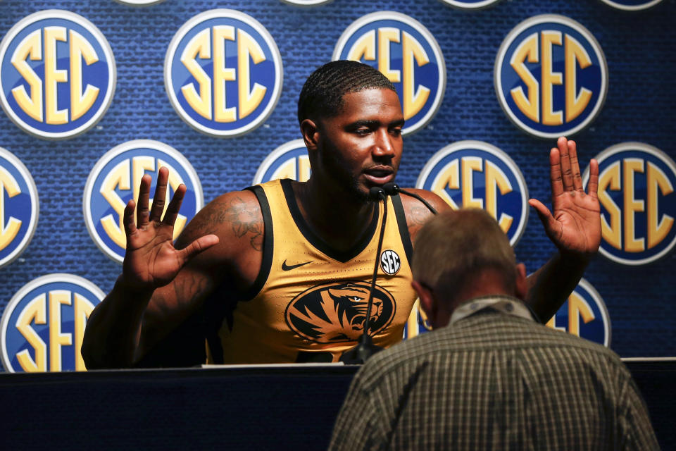 Missouri's Jeremiah Tilmon Jr. speaks during the Southeastern Conference NCAA college basketball media day, Wednesday, Oct. 16, 2019, in Birmingham, Ala. (AP Photo/Butch Dill)