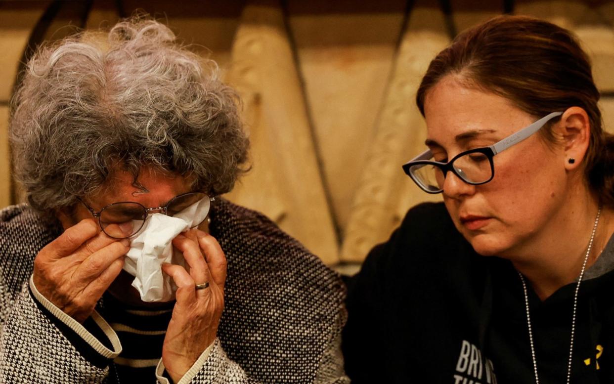 Released hostages Adina Moshe and Nili Margalit at the Hostages and Missing Families Forum in Tel Aviv, Israel on Feb 7