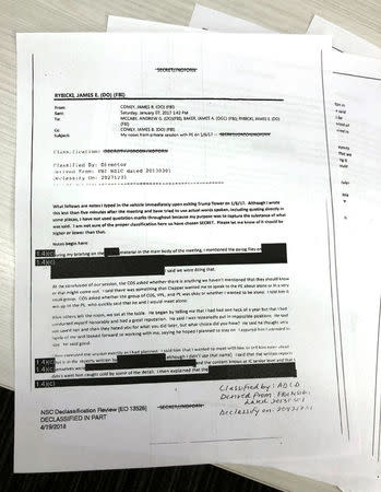 The partially redacted memos of former FBI Director James Comey, recounting conversations with President Donald Trump last year, are pictured after U.S. Justice Department released them to three House of Representatives committees in Washington, DC, U.S., April 19, 2018. REUTERS/Gavino Garay