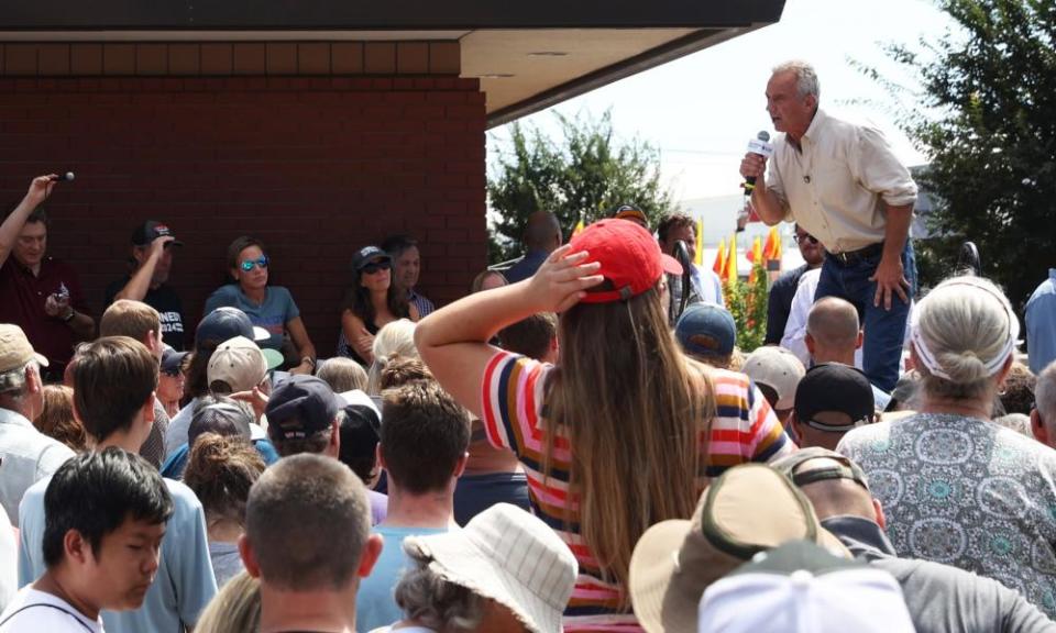 Kennedy takes questions from the crowd in Des Moines last weekend.