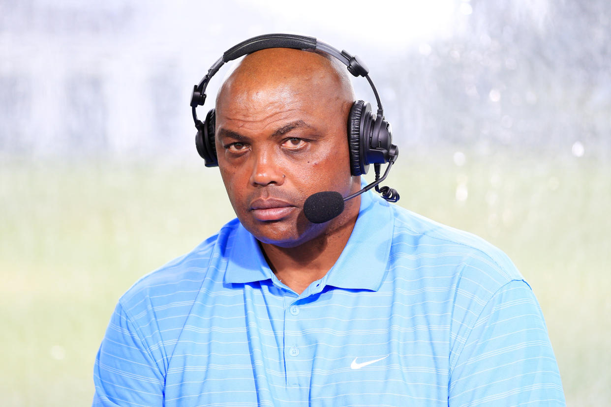 HOBE SOUND, FLORIDA - MAY 24: Charles Barkley commentates from the booth during The Match: Champions For Charity at Medalist Golf Club on May 24, 2020 in Hobe Sound, Florida. (Photo by Cliff Hawkins/Getty Images for The Match)