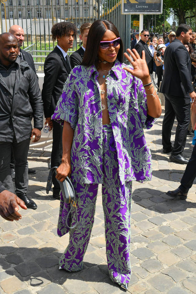 Naomi Campbell Steps Into Summer With Unbuttoned Tropical Top, Retro Shades  & Metallic Shoes for Louis Vuitton Paris Fashion Week Show