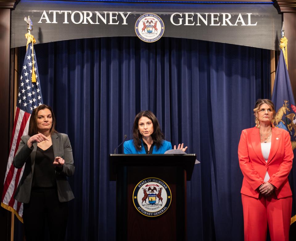 Michigan Attorney General announces charges against former house speaker Lee Chatfield and wife Stephanie, Tuesday, April 16, 2024, in Lansing.