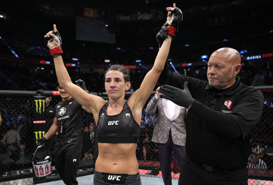 LAS VEGAS, NEVADA - MARCH 05: Marina Rodriguez of Brazil reacts after her victory over Yan Xiaonan of China in their strawweight fight during the UFC 272 event on March 05, 2022 in Las Vegas, Nevada. (Photo by Jeff Bottari/Zuffa LLC)