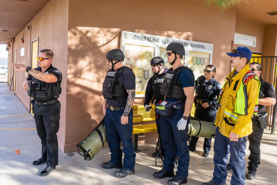 Barstow Police and fire officials descended on Crestline Elementary Schools on Thursday to conduct an active shooter and public safety training exercise.